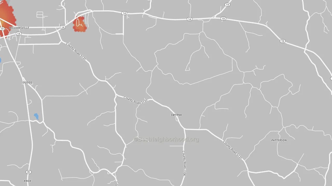 Walk Grade map of Smyrna, MS, walkable areas in green and car-dependent areas in red