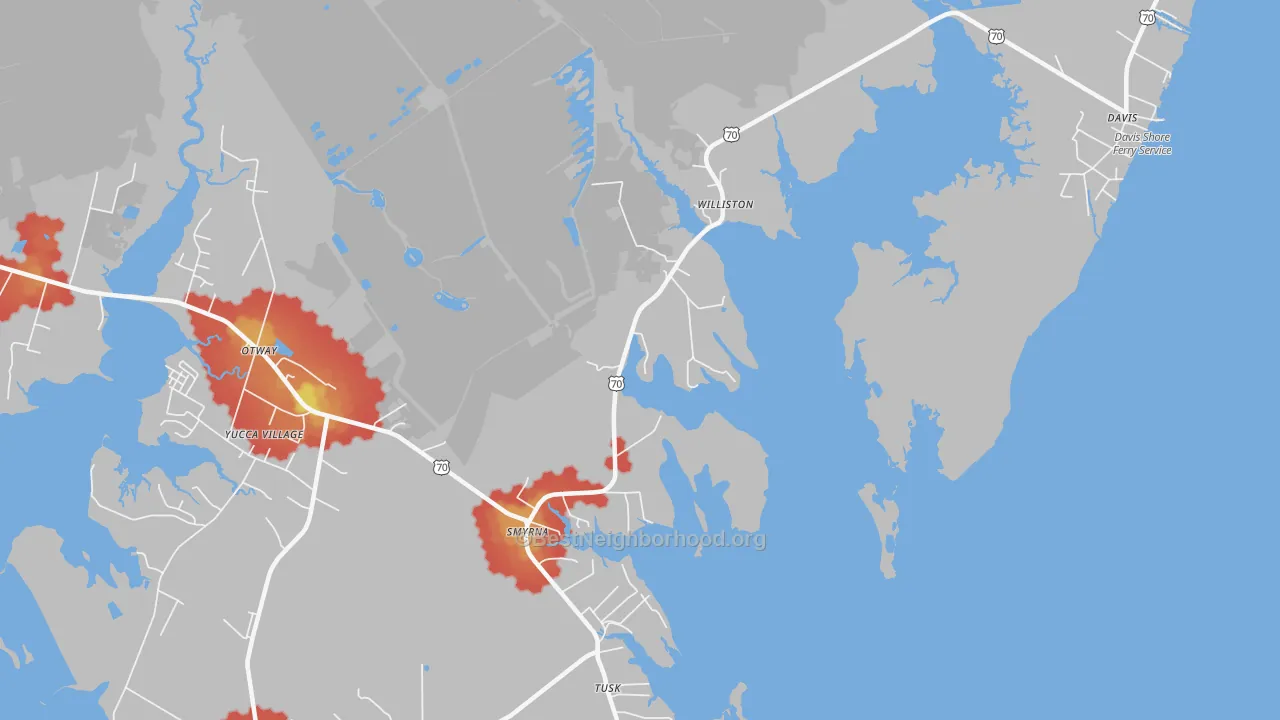 Walk Grade map of Smyrna, NC, walkable areas in green and car-dependent areas in red