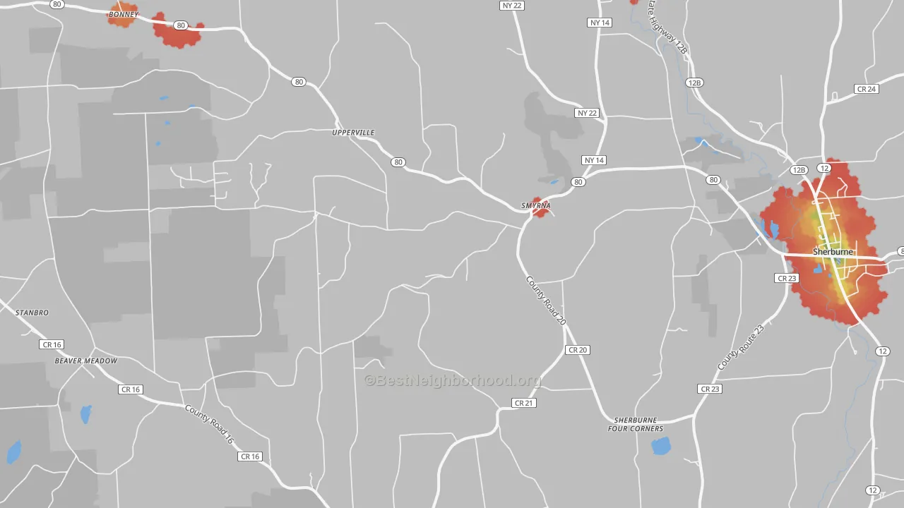 Walk Grade map of Smyrna, NY, walkable areas in green and car-dependent areas in red