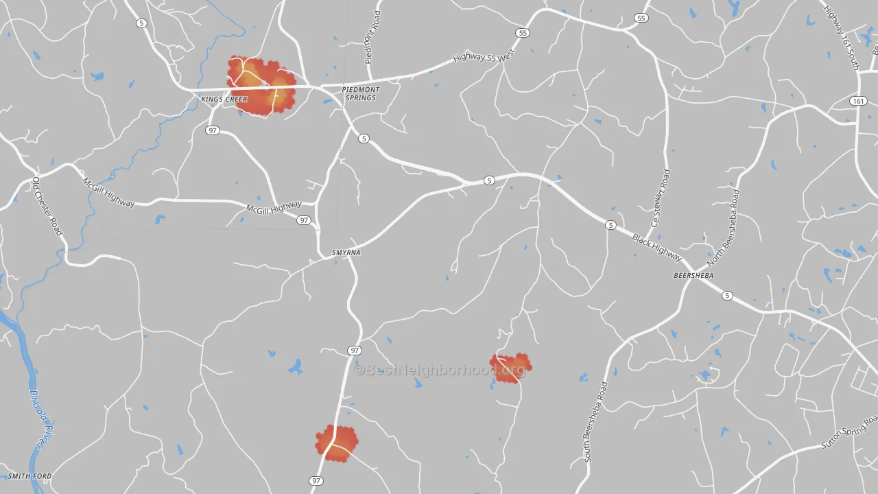 Walk Grade map of Smyrna, SC, walkable areas in green and car-dependent areas in red