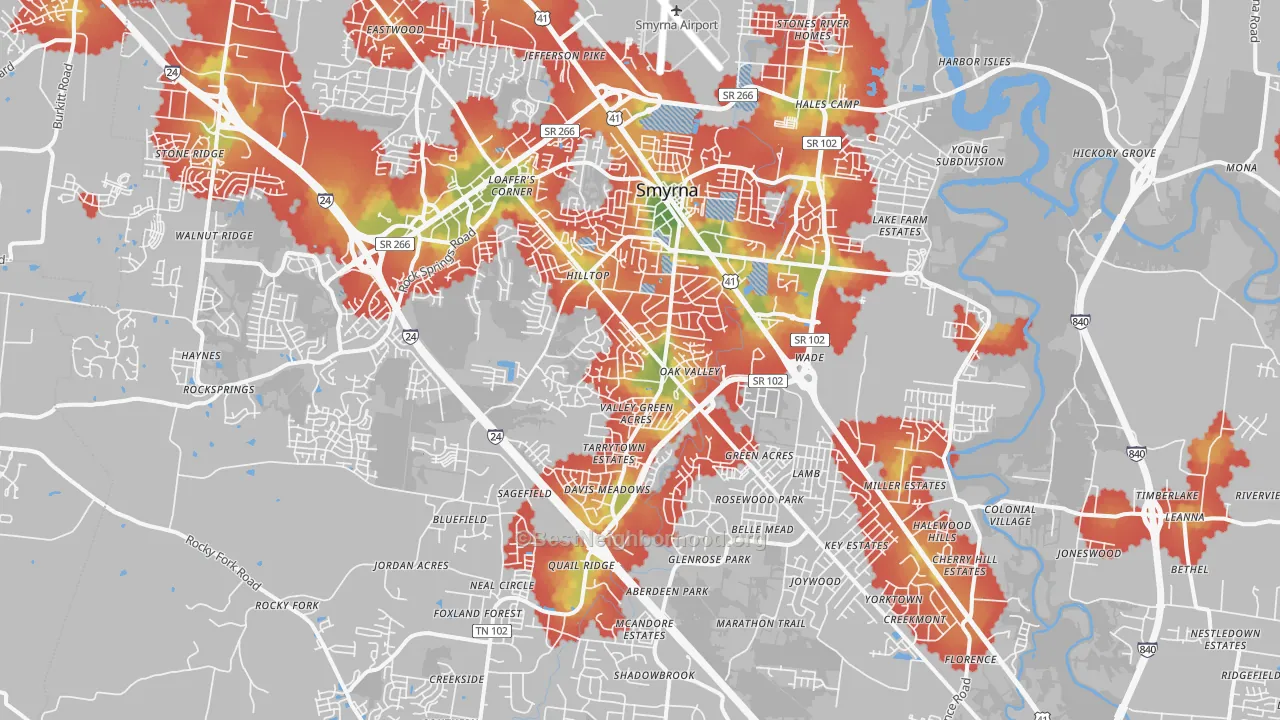 Walk Grade map of Smyrna, TN, walkable areas in green and car-dependent areas in red