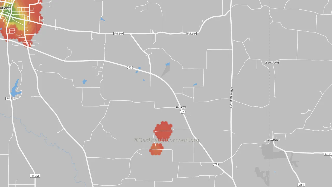 Walk Grade map of Smyrna, TX, walkable areas in green and car-dependent areas in red