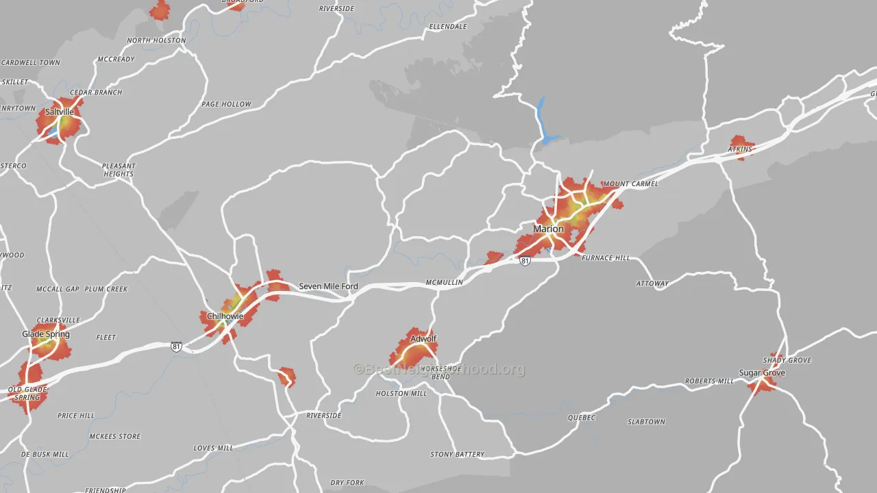 Walk Grade map of Smyth County, VA, walkable areas in green and car-dependent areas in red