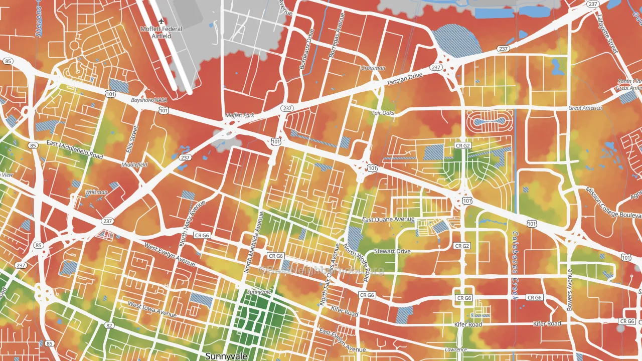Walk Grade map of Snail, Sunnyvale, CA, walkable areas in green and car-dependent areas in red