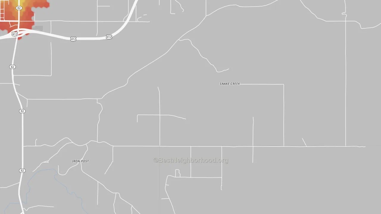 Walk Grade map of Snake Creek, OK, walkable areas in green and car-dependent areas in red