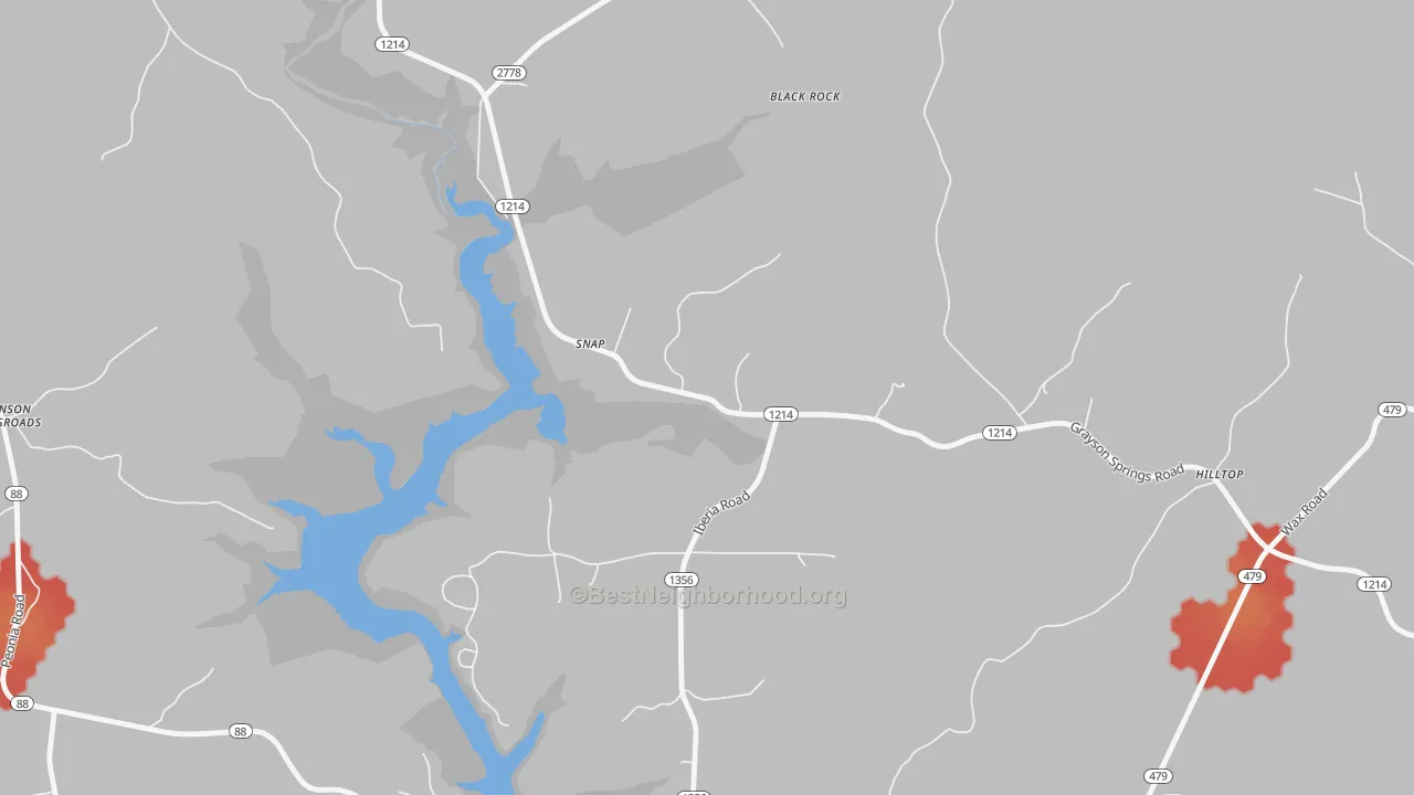 Walk Grade map of Snap, KY, walkable areas in green and car-dependent areas in red