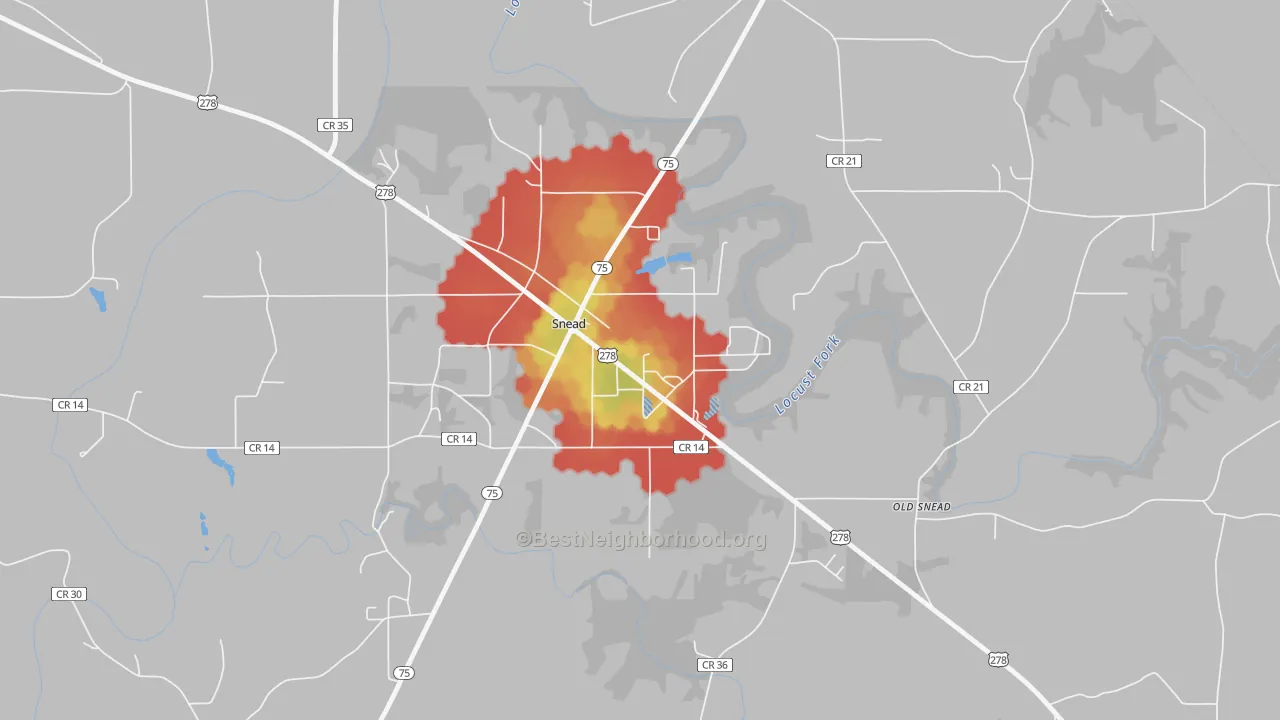 Walk Grade map of Snead, AL, walkable areas in green and car-dependent areas in red