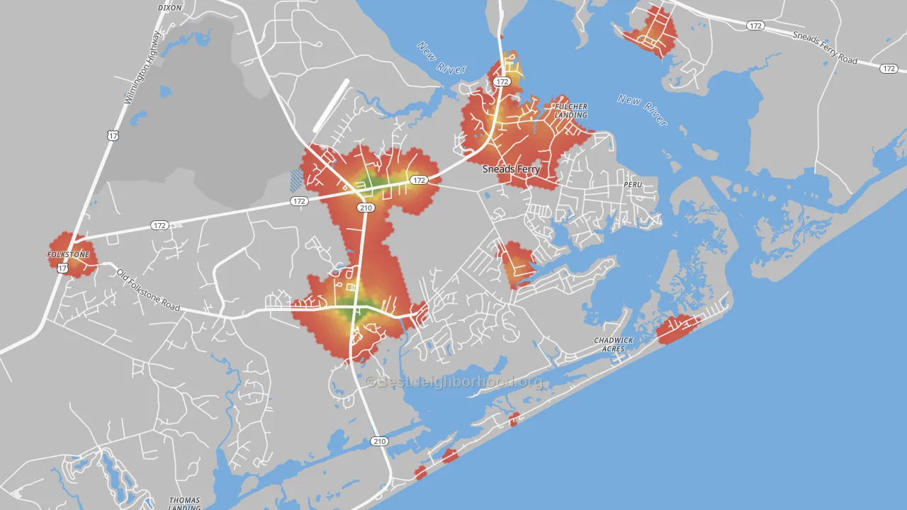 Walk Grade map of Sneads Ferry, NC, walkable areas in green and car-dependent areas in red