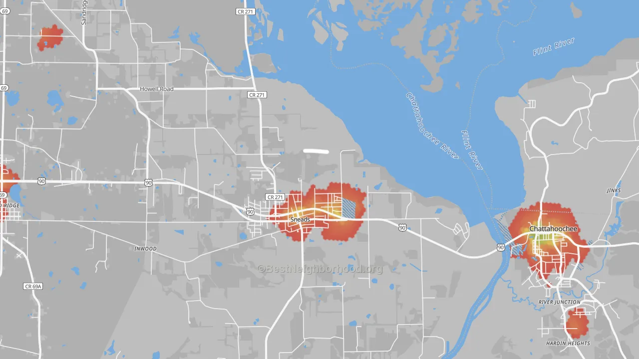 Walk Grade map of Sneads, FL, walkable areas in green and car-dependent areas in red