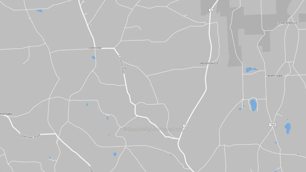 Walk Grade map of Snedekerville, PA, walkable areas in green and car-dependent areas in red