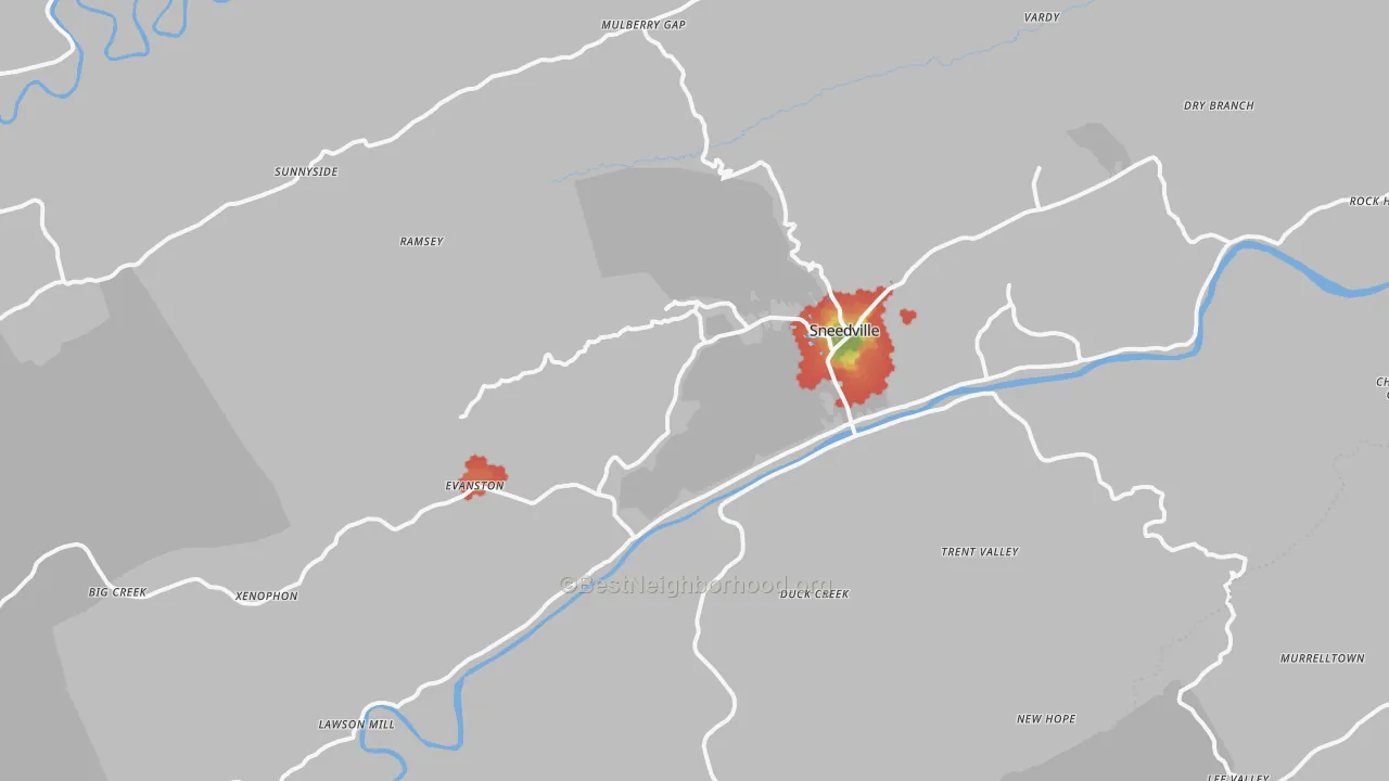 Walk Grade map of Sneedville, TN, walkable areas in green and car-dependent areas in red