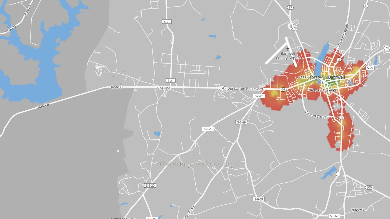 Walk Grade map of Snelling, SC, walkable areas in green and car-dependent areas in red
