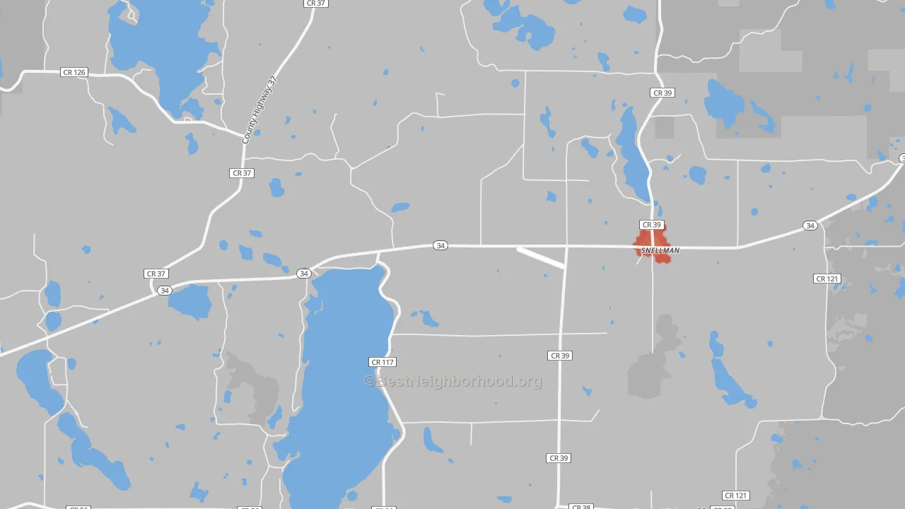 Walk Grade map of Snellman, MN, walkable areas in green and car-dependent areas in red