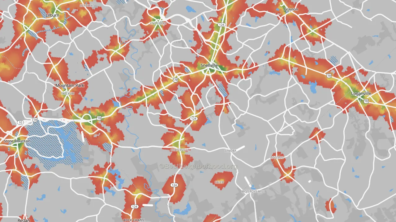 Walk Grade map of Snellville, GA, walkable areas in green and car-dependent areas in red