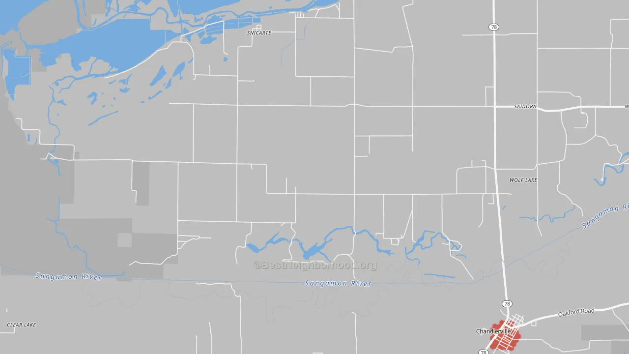 Walk Grade map of Snicarte, IL, walkable areas in green and car-dependent areas in red