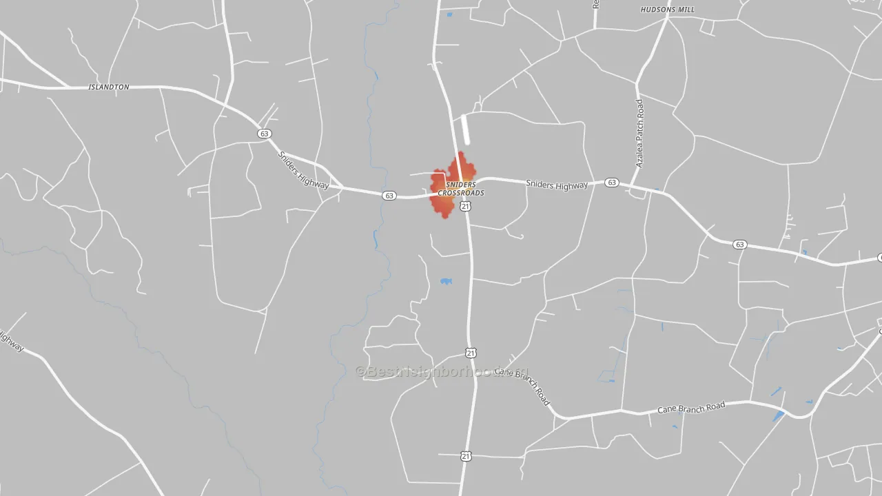 Walk Grade map of Sniders Crossroads, SC, walkable areas in green and car-dependent areas in red