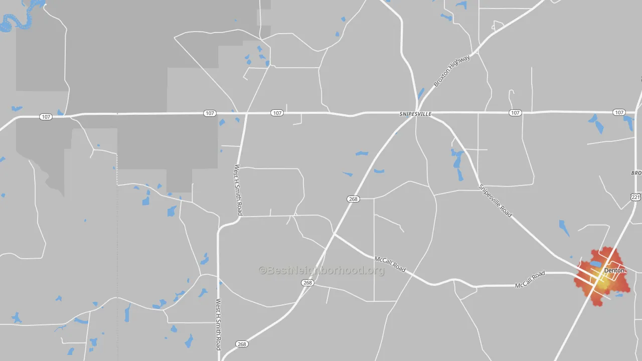 Walk Grade map of Snipesville, GA, walkable areas in green and car-dependent areas in red