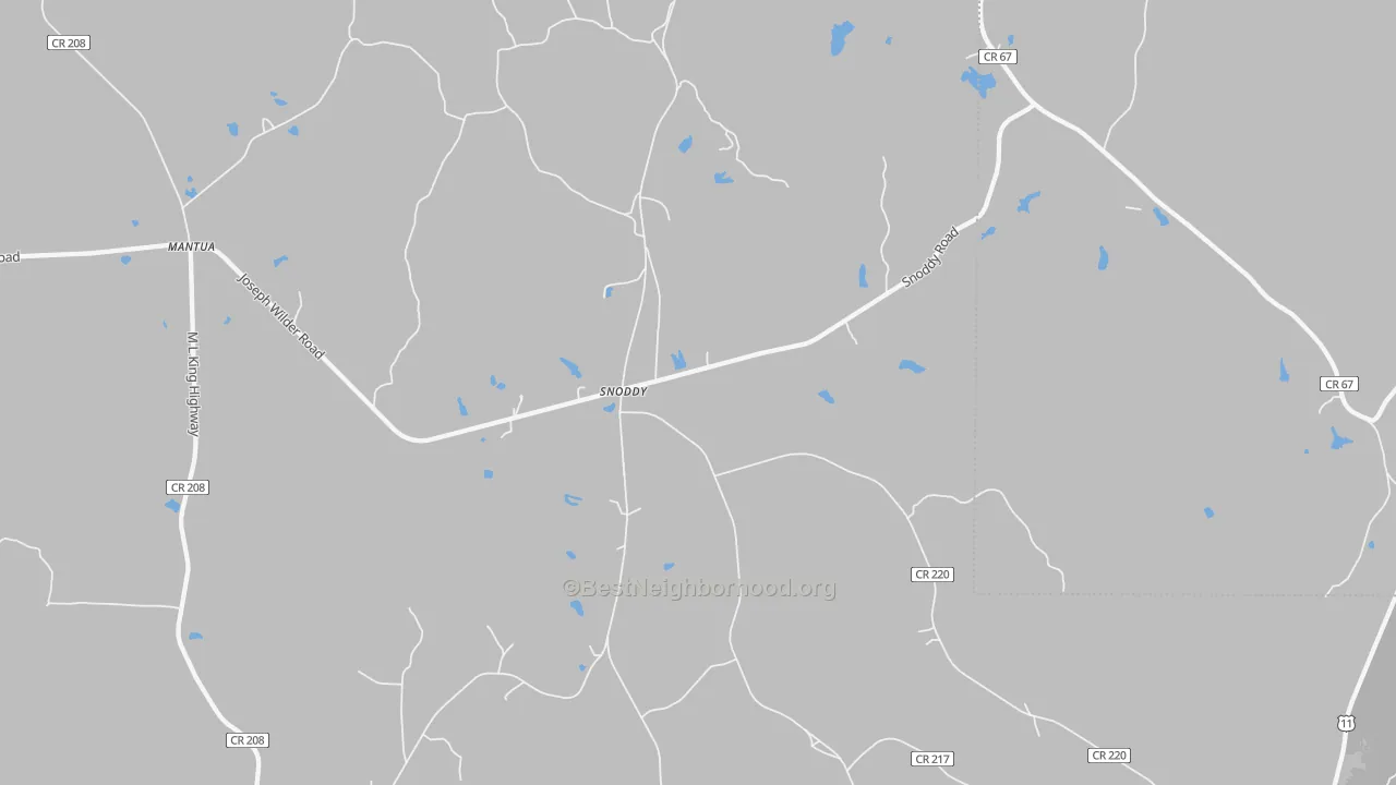 Walk Grade map of Snoddy, AL, walkable areas in green and car-dependent areas in red