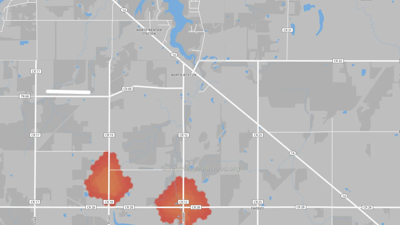 Walk Grade map of Snodes, OH, walkable areas in green and car-dependent areas in red
