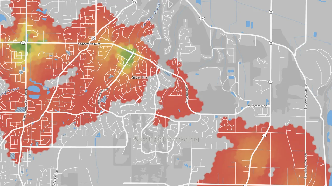 Walk Grade map of Snohomish Cascade, Silver Firs, WA, walkable areas in green and car-dependent areas in red