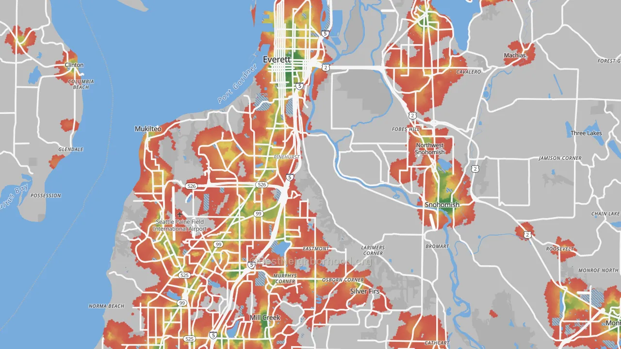 Walk Grade map of Snohomish County, WA, walkable areas in green and car-dependent areas in red