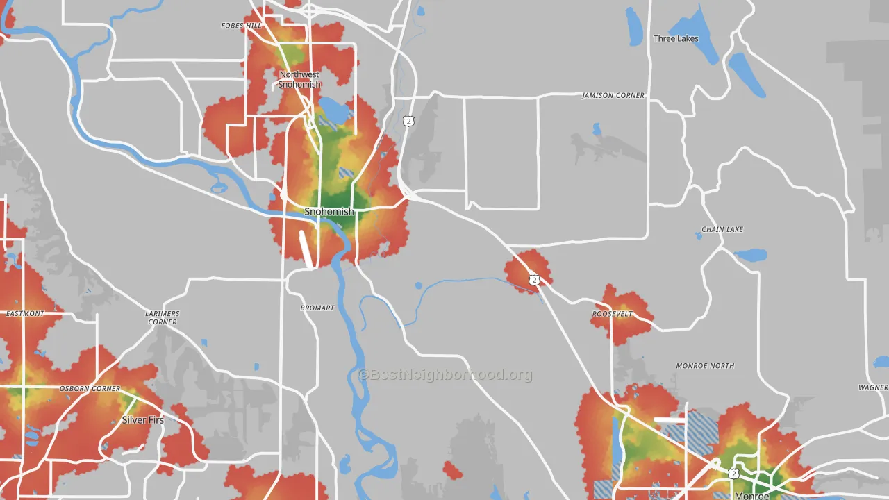Walk Grade map of Snohomish, WA, walkable areas in green and car-dependent areas in red
