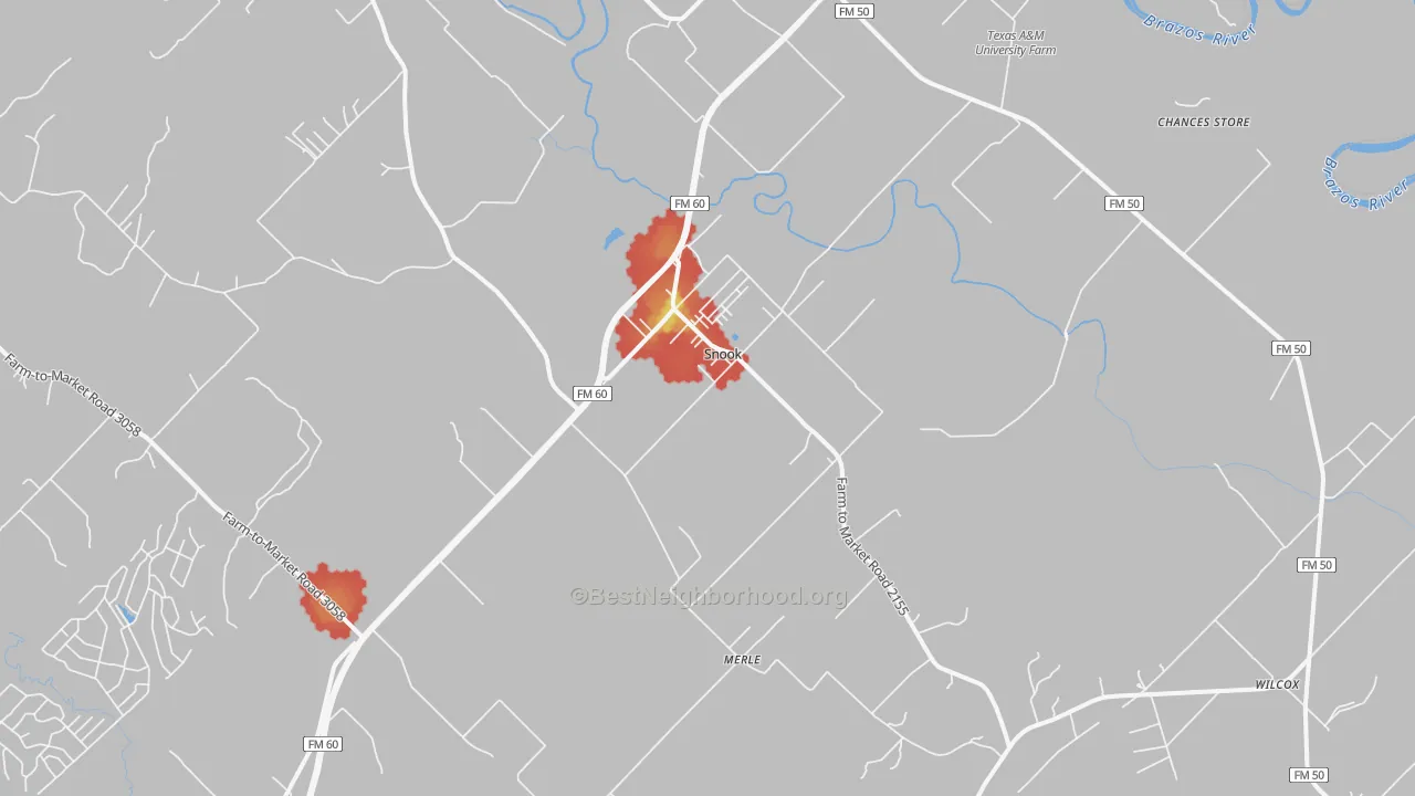 Walk Grade map of Snook, TX, walkable areas in green and car-dependent areas in red