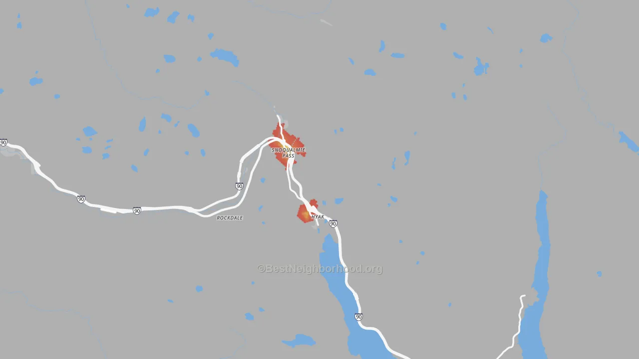 Walk Grade map of Snoqualmie Pass, WA, walkable areas in green and car-dependent areas in red