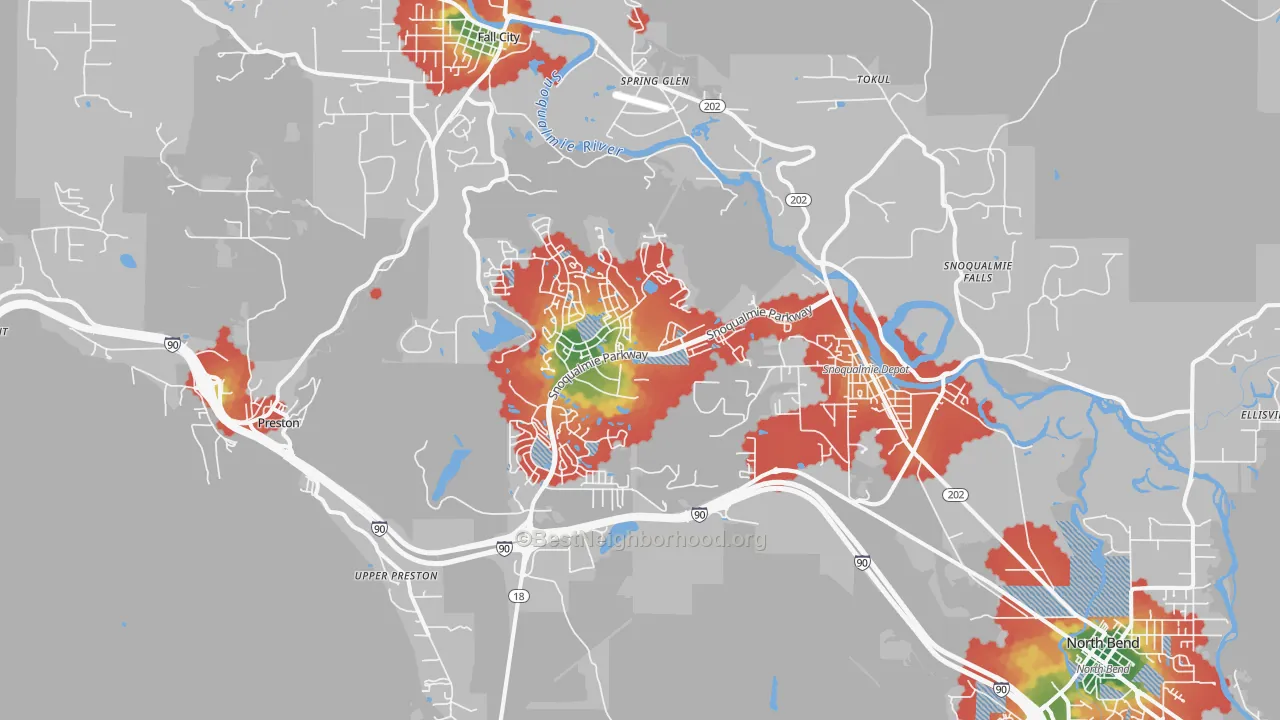 Walk Grade map of Snoqualmie, WA, walkable areas in green and car-dependent areas in red