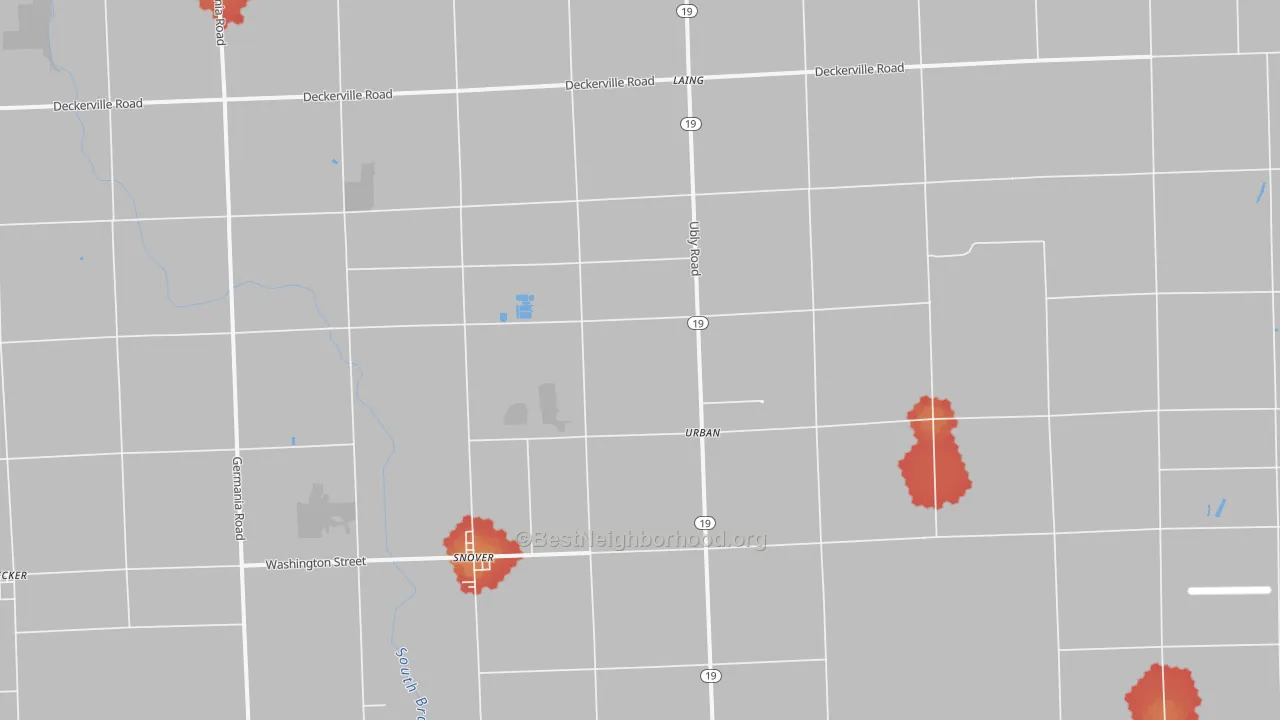 Walk Grade map of Snover, MI, walkable areas in green and car-dependent areas in red