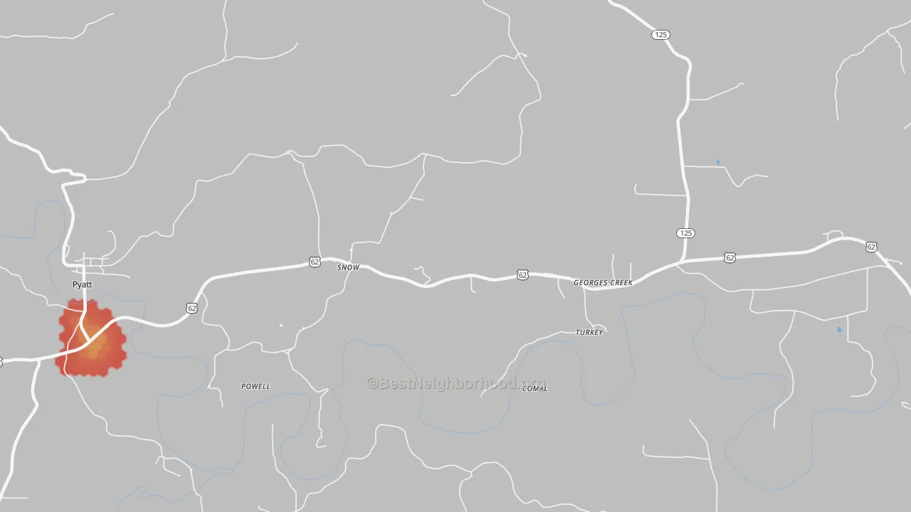 Walk Grade map of Snow, AR, walkable areas in green and car-dependent areas in red