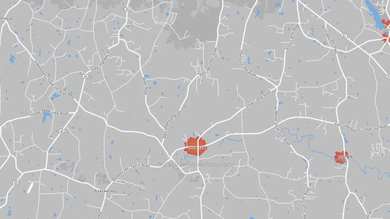 Walk Grade map of Snow Camp, NC, walkable areas in green and car-dependent areas in red