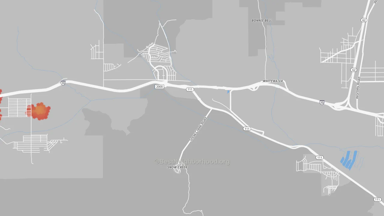 Walk Grade map of Snow Creek, CA, walkable areas in green and car-dependent areas in red