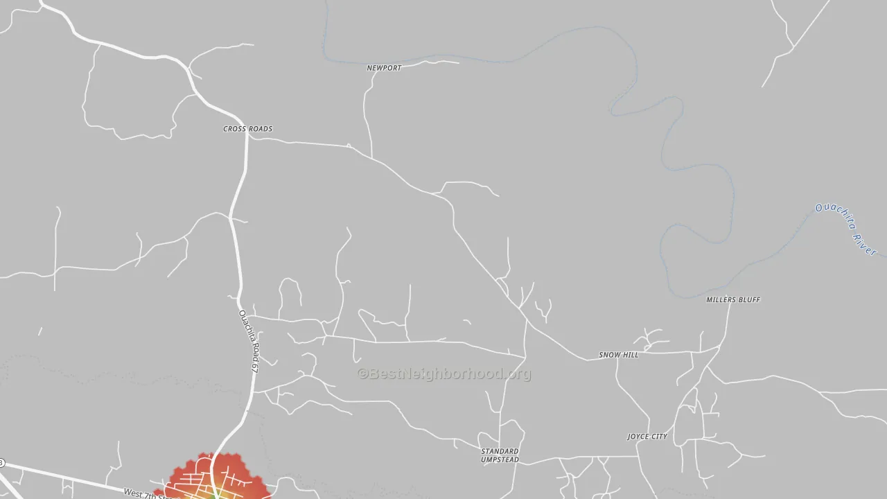 Walk Grade map of Snow Hill, AR, walkable areas in green and car-dependent areas in red