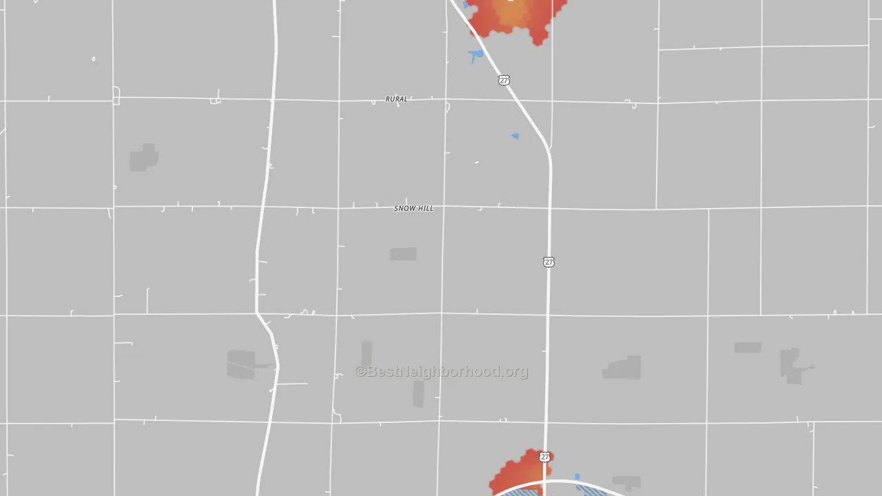 Walk Grade map of Snow Hill, IN, walkable areas in green and car-dependent areas in red