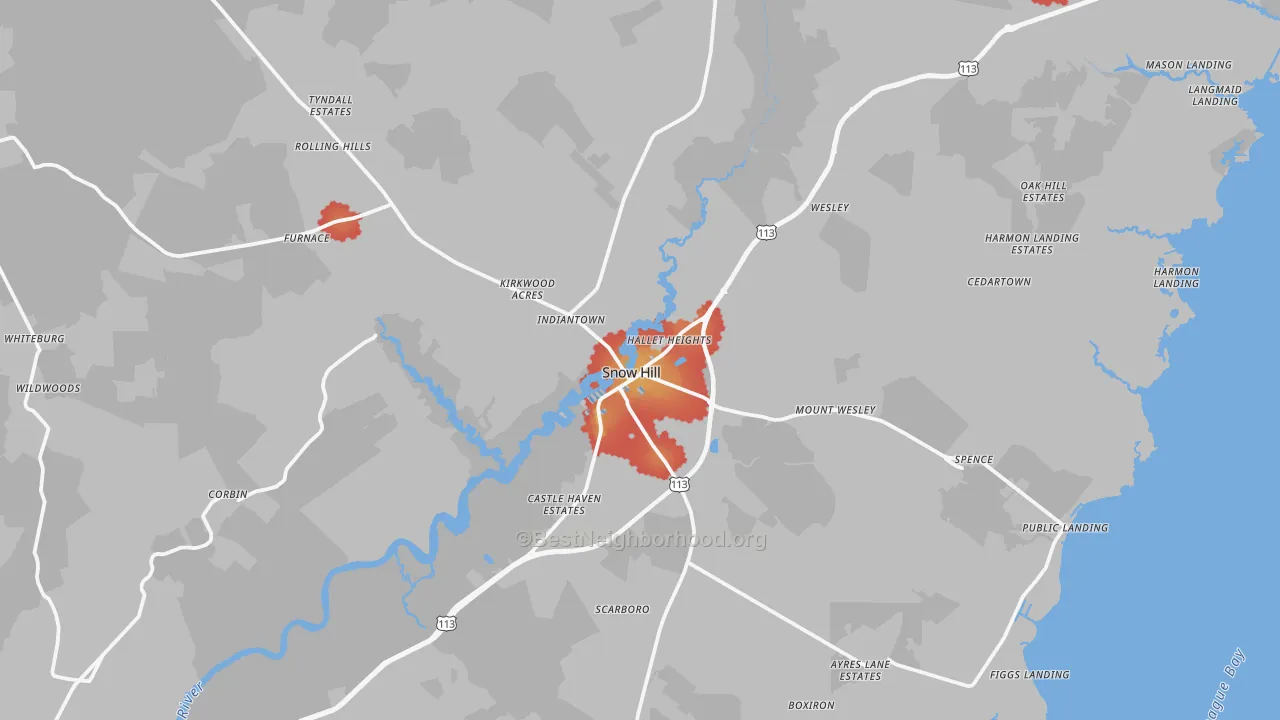Walk Grade map of Snow Hill, MD, walkable areas in green and car-dependent areas in red
