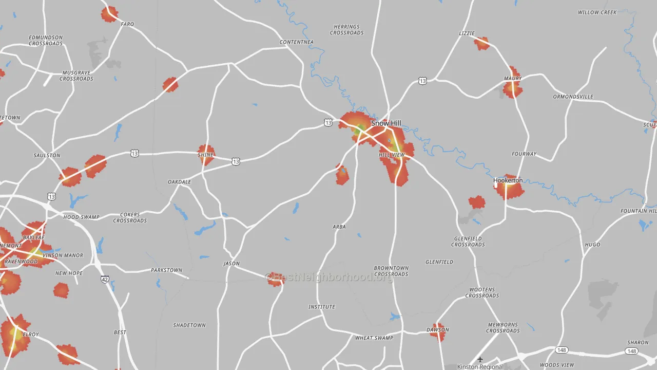 Walk Grade map of Snow Hill, NC, walkable areas in green and car-dependent areas in red