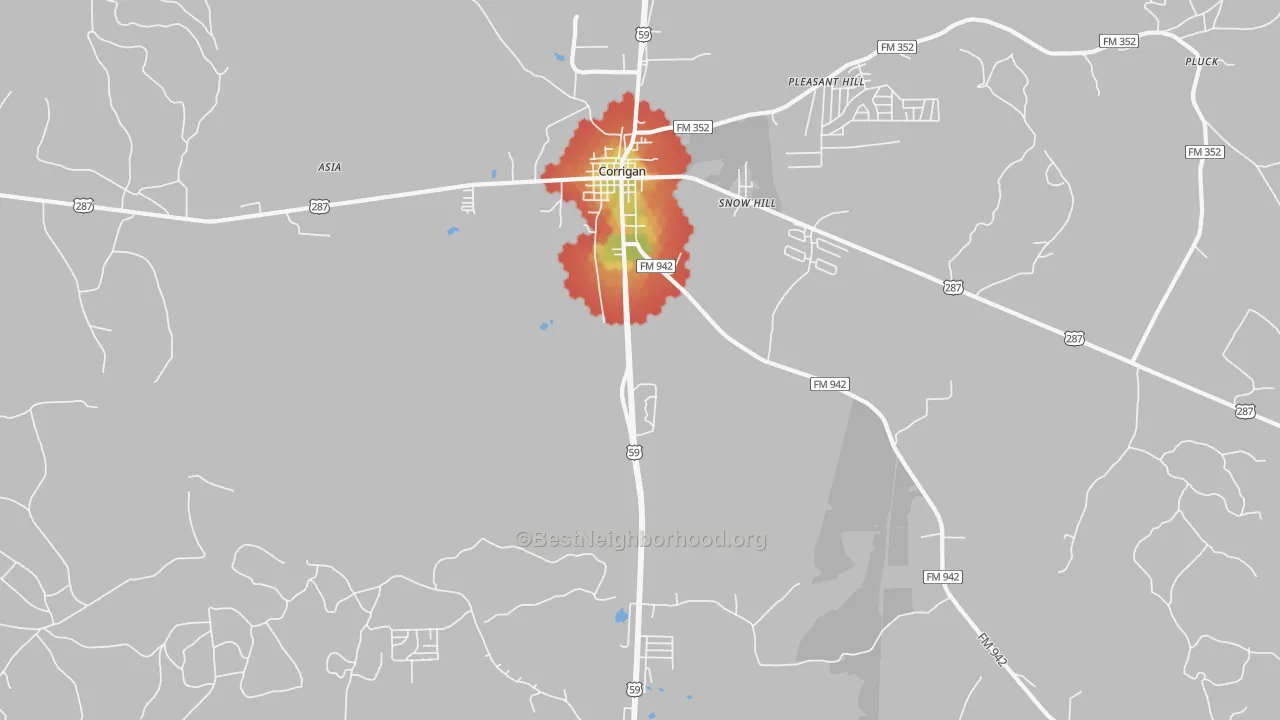 Walk Grade map of Snow Hill, TX, walkable areas in green and car-dependent areas in red
