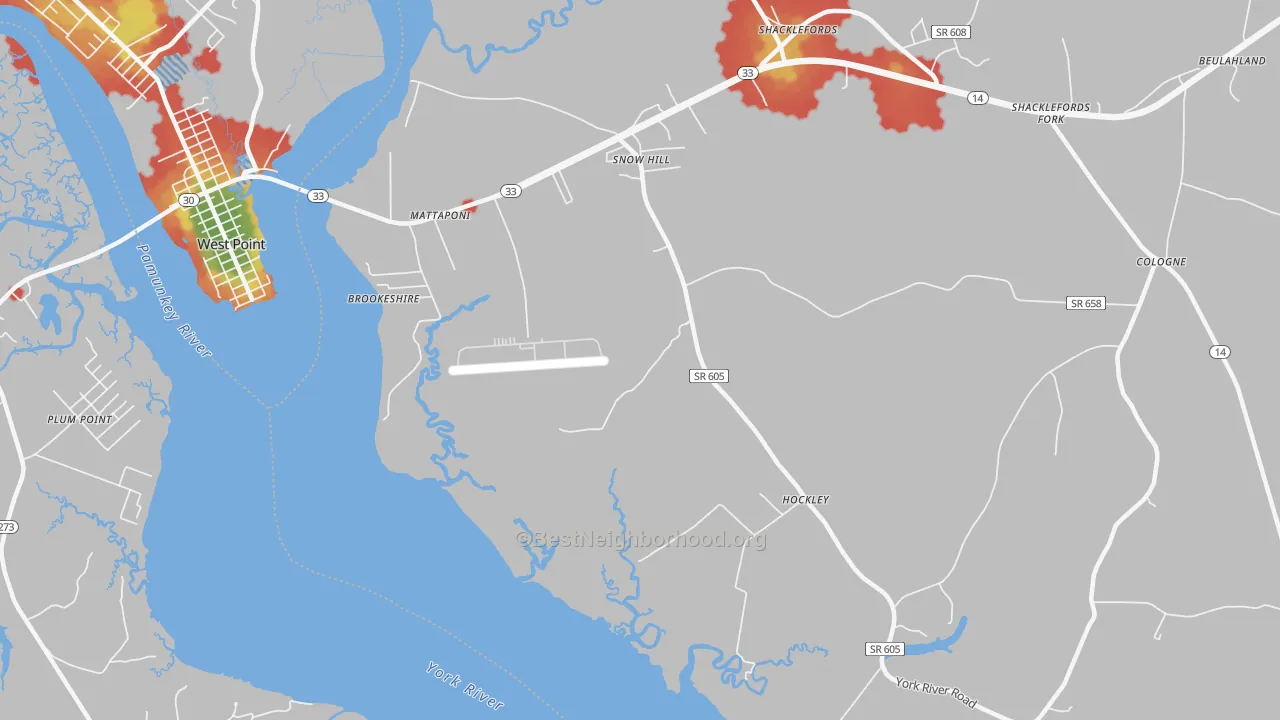 Walk Grade map of Snow Hill, VA, walkable areas in green and car-dependent areas in red