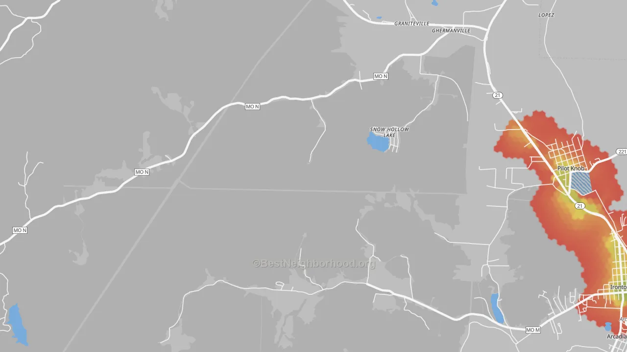 Walk Grade map of Snow Hollow Lake, MO, walkable areas in green and car-dependent areas in red