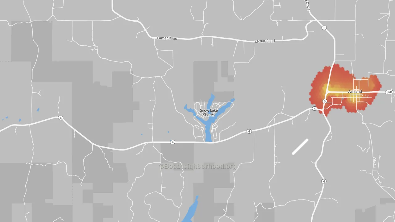 Walk Grade map of Snow Lake Shores, MS, walkable areas in green and car-dependent areas in red