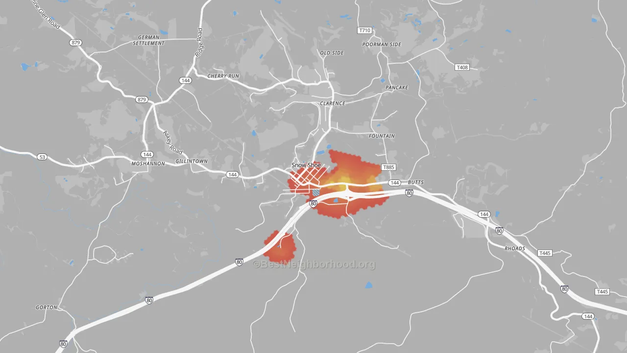 Walk Grade map of Snow Shoe, PA, walkable areas in green and car-dependent areas in red