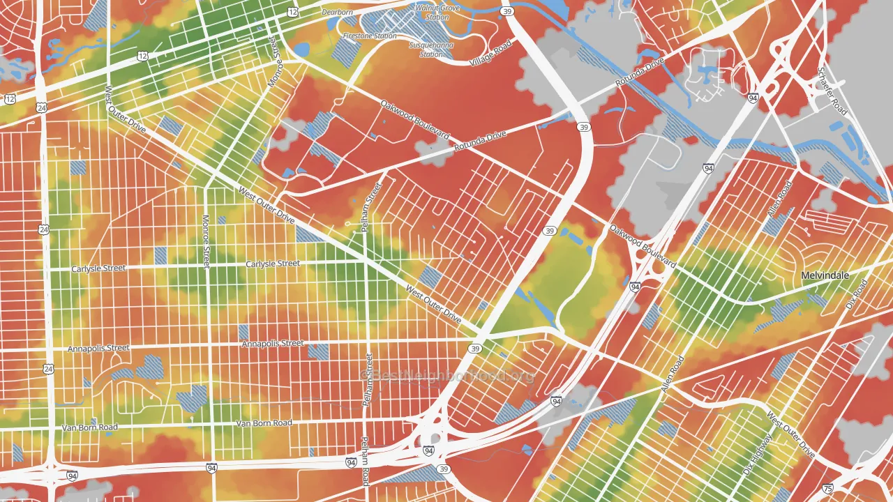 Walk Grade map of Snow Woods, Dearborn, MI, walkable areas in green and car-dependent areas in red