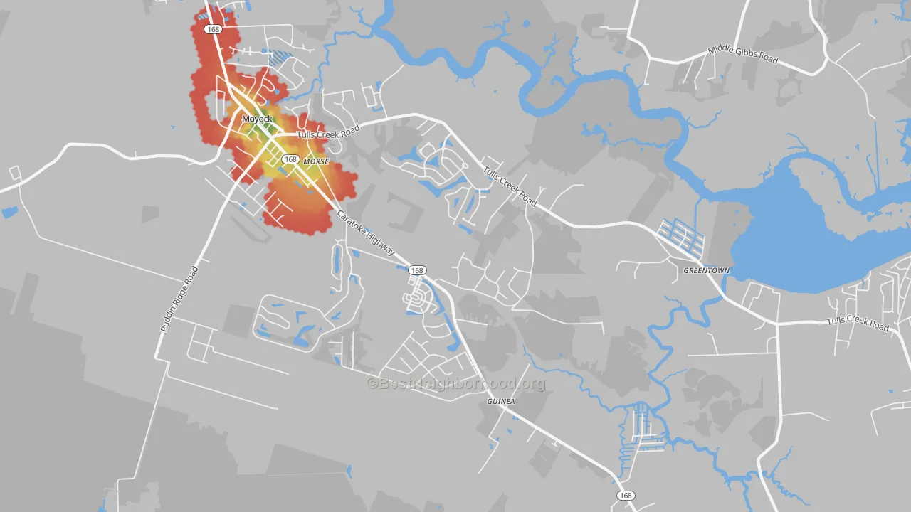 Walk Grade map of Snowden, NC, walkable areas in green and car-dependent areas in red