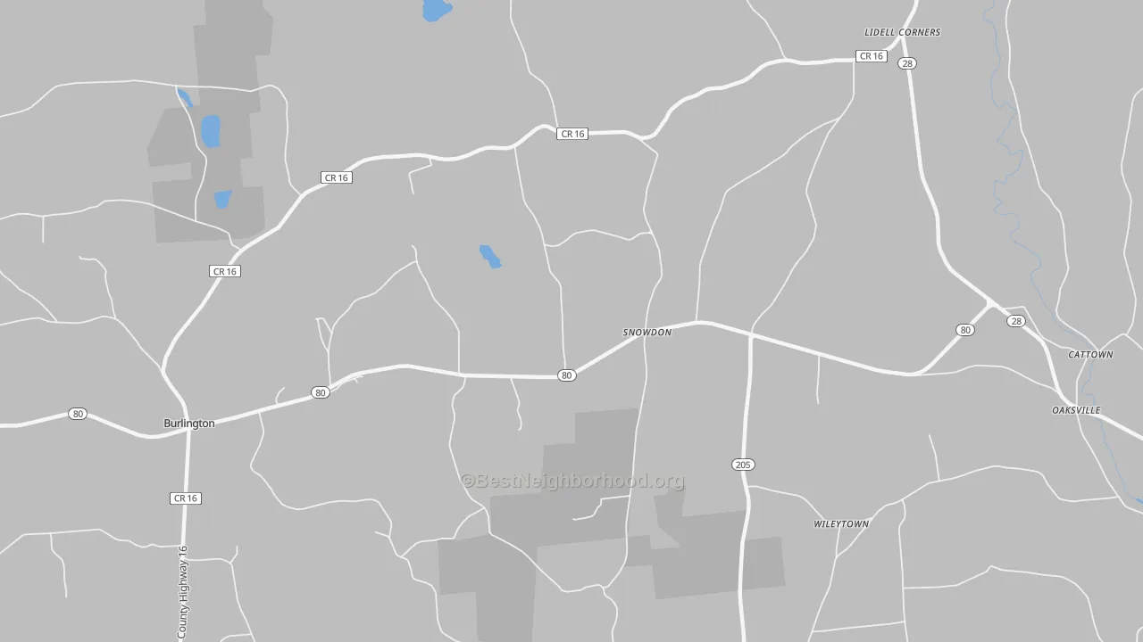 Walk Grade map of Snowdon, NY, walkable areas in green and car-dependent areas in red