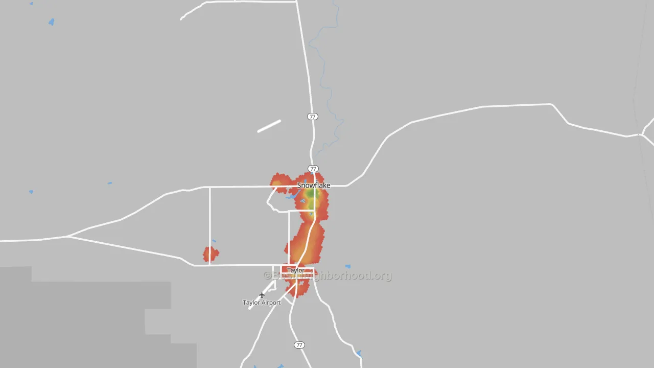 Walk Grade map of Snowflake, AZ, walkable areas in green and car-dependent areas in red