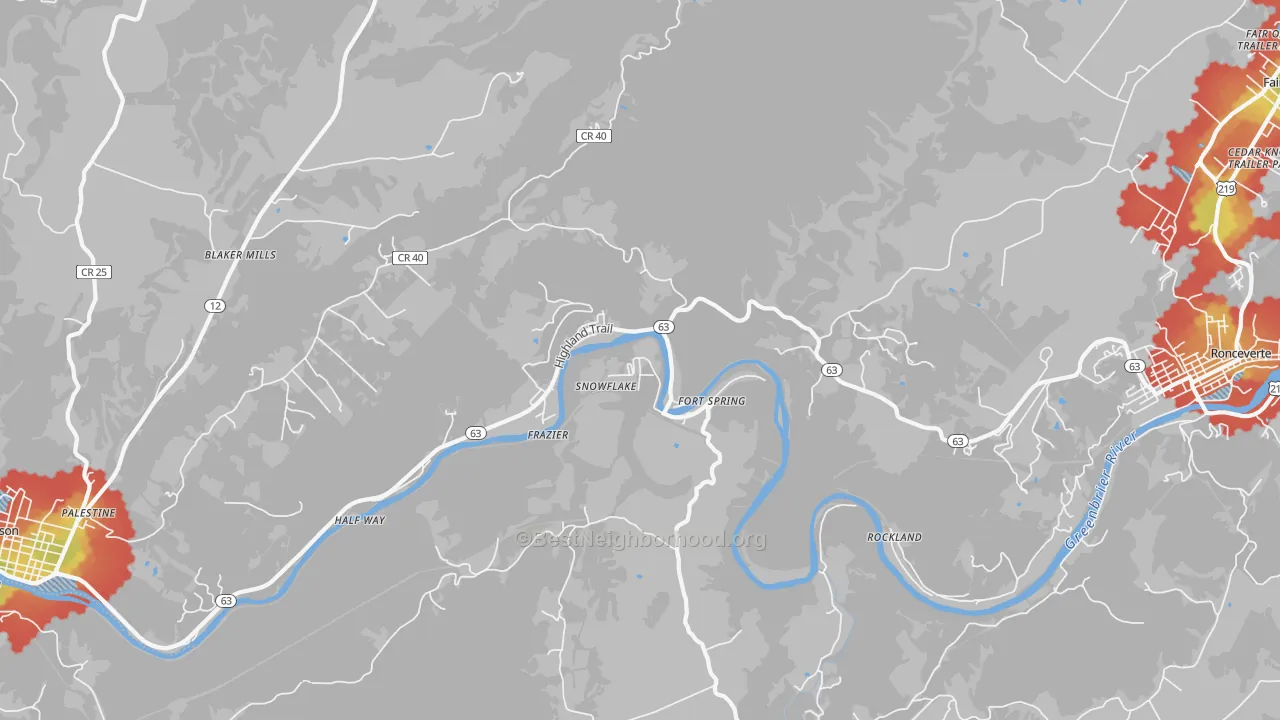 Walk Grade map of Snowflake, WV, walkable areas in green and car-dependent areas in red