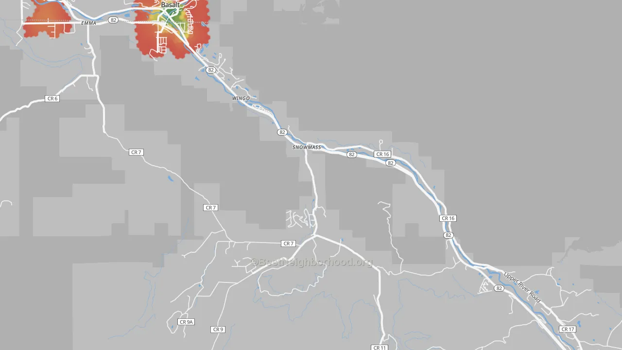Walk Grade map of Snowmass, CO, walkable areas in green and car-dependent areas in red