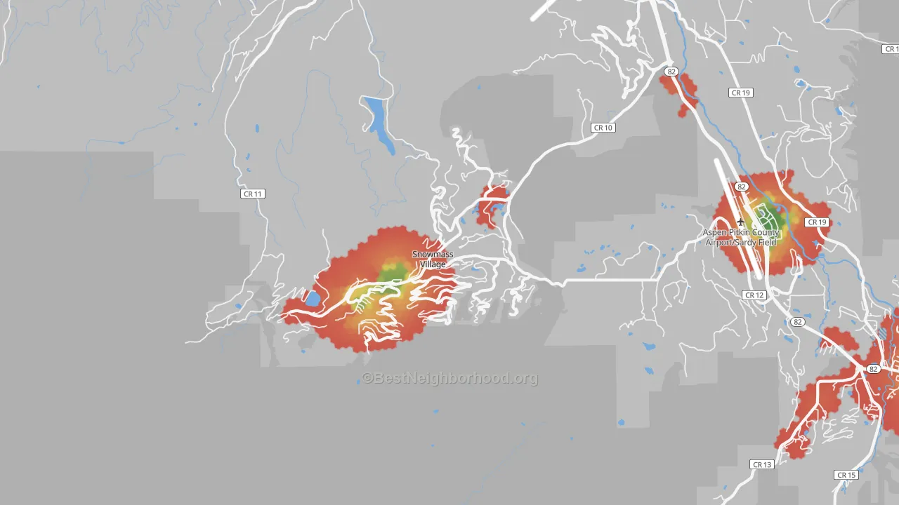 Walk Grade map of Snowmass Village, CO, walkable areas in green and car-dependent areas in red