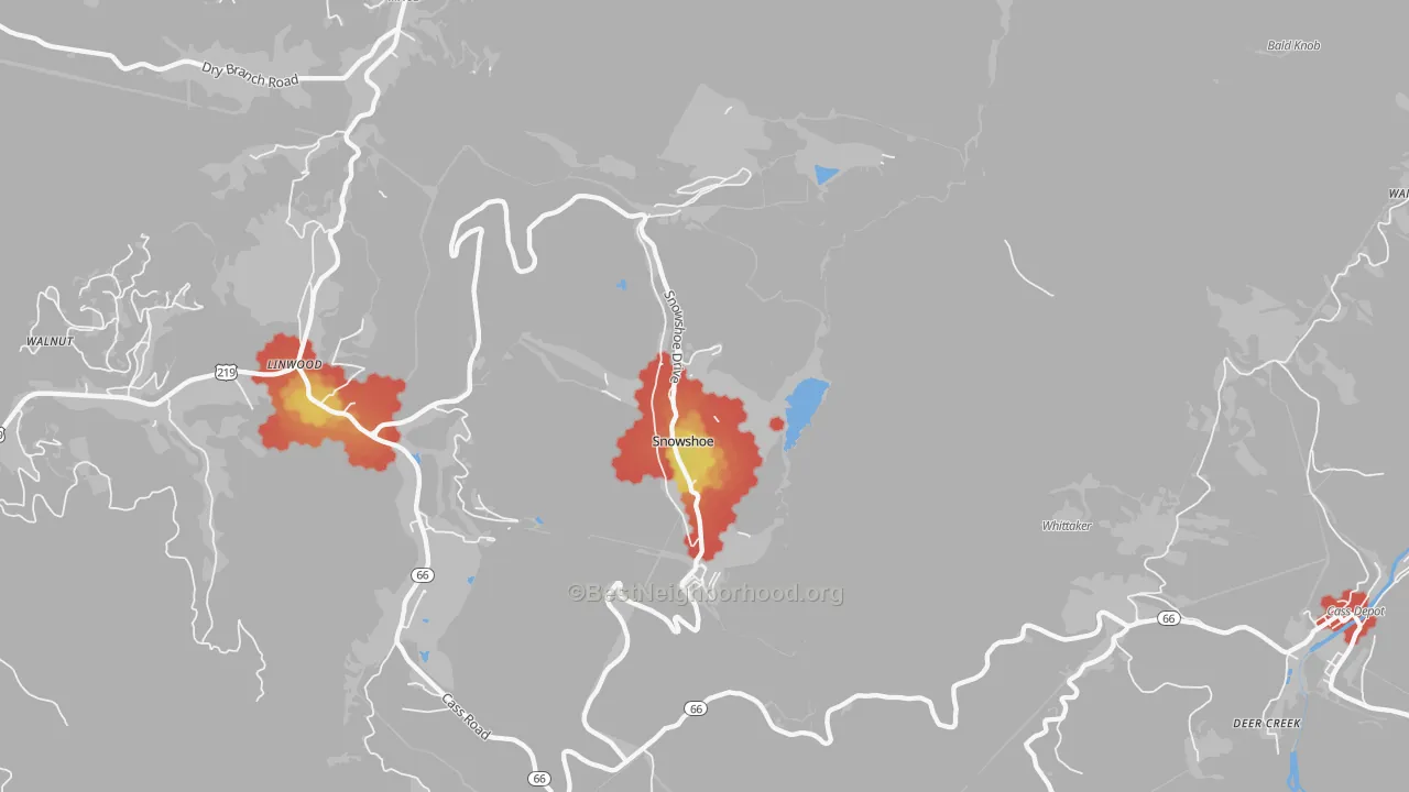 Walk Grade map of Snowshoe, WV, walkable areas in green and car-dependent areas in red